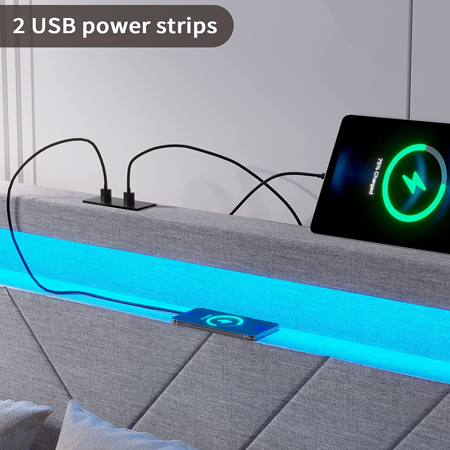 Queen Size Bed Frame with 4 Drawers, Upholstered Platform Bed with LED Lights Headboard and USB Charging Station, No Box Spring Needed, Dark Grey