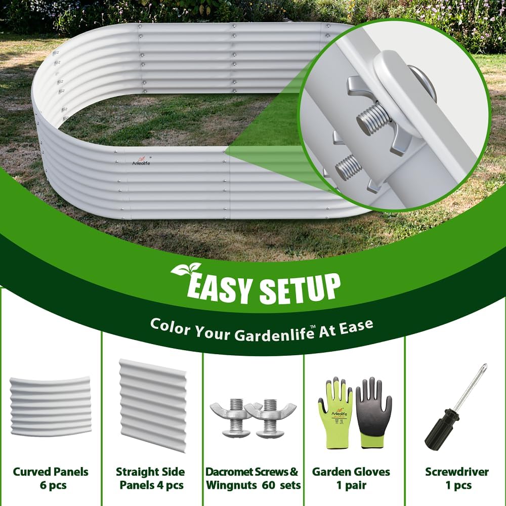 A ANLEOLIFE 8X4X2 ft Galvanized Raised Garden Beds Outdoor, Oval Large Metal Deep Root Planter Box for Planting Vegetables Flowers Herb