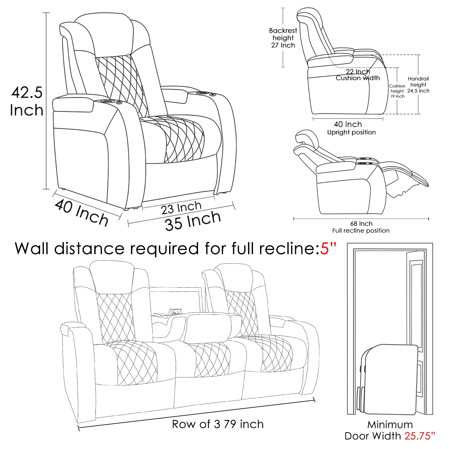 Weilianda Home Theater Seating Top Grain Leather Recliner Chair Dual Power Movie Gaming Sofa Electric Headrest with Tray Table Type-C USB Charge Cup