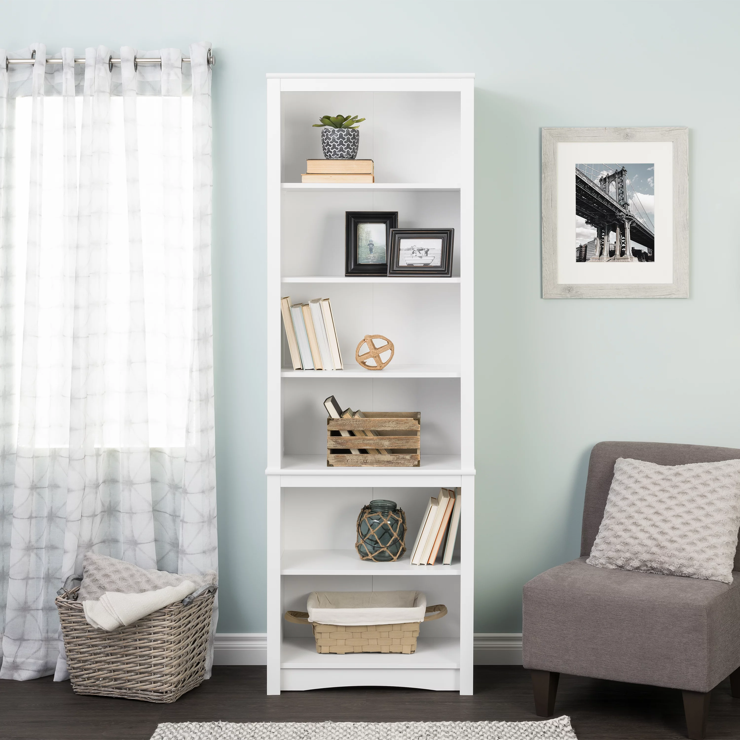Prepac Home Office Modern 80" Tall Bookcase with Adjustable Shelves, White
