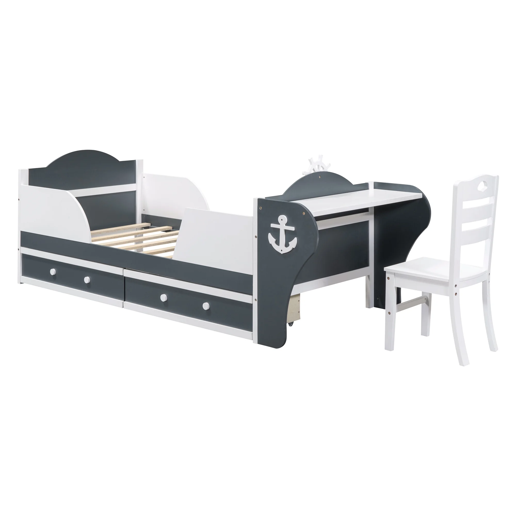 CoSoTower Twin Size Boat-Shaped Platform Bed with Two Drawers,Twin Bed with Desk and Chair for Bedroom,White+Gray