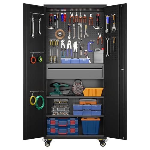 Metal Storage Cabinet with Wheels, 73" H Rolling Garage Cabinets with Locking Doors and Adjustable Shelves for Home Office, Basement, Pantry, Workshop