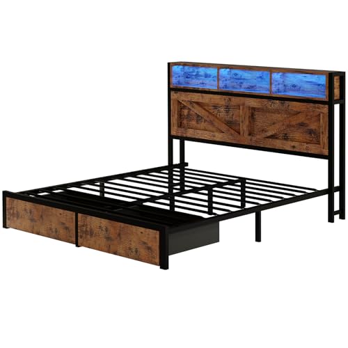Farmhouse Full Size Bed Frame with Storage Bookcase Headboard and Drawers, RGB LED Lights and Charging Station, No Box Spring Needed, Noise Free