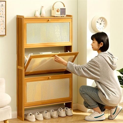 Shoe Rack Slim Shoe Storage Cabinet for Entryway, Bamboo Shoe Organizer with Flip Drawers, Free Standing Shoe Cabinet for Closet