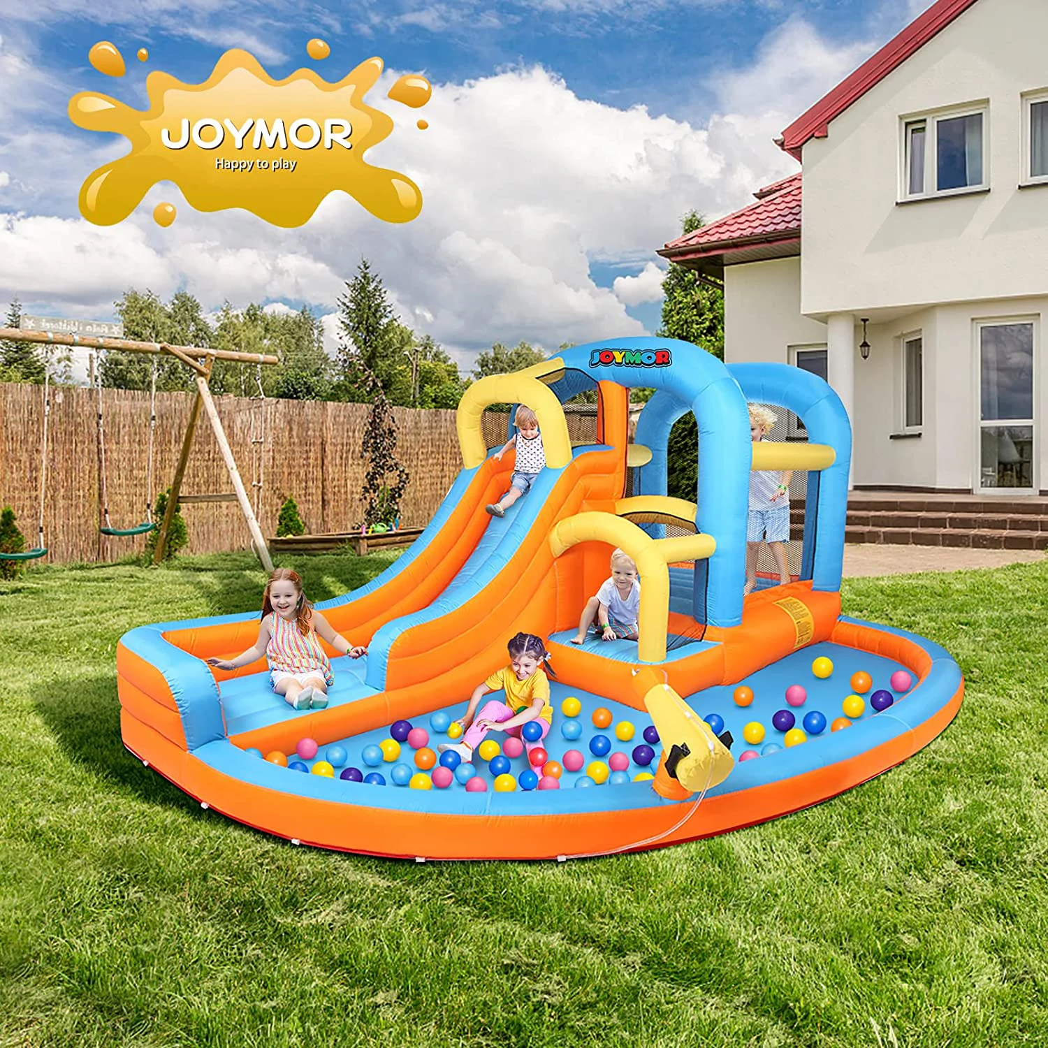 JOYMOR 5-in-1 Inflatable Water Slide Park, Water Bounce House w/Air Blower, Climbing Wall, Double Jump Area , Splash Pool, Water Cannon