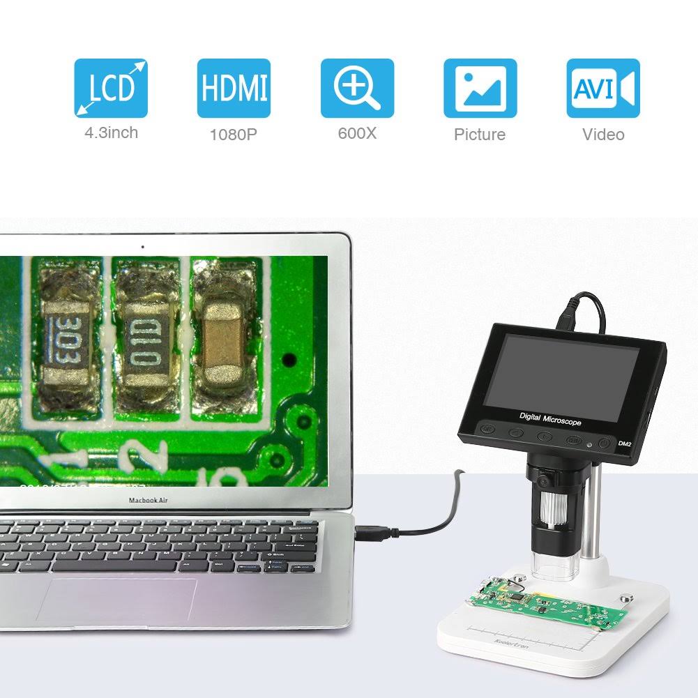 Koolertron 4.3 inch Full Color LCD Digital USB Microscope with 10x-600x Magnification zoom,8 LED Adjustable light,rechargeabl