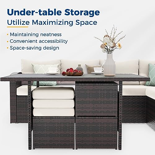 Wisteria Lane Outdoor Patio Furniture Set, 7 Piece Outdoor Dining Sectional Sofa with Dining Table and Chair