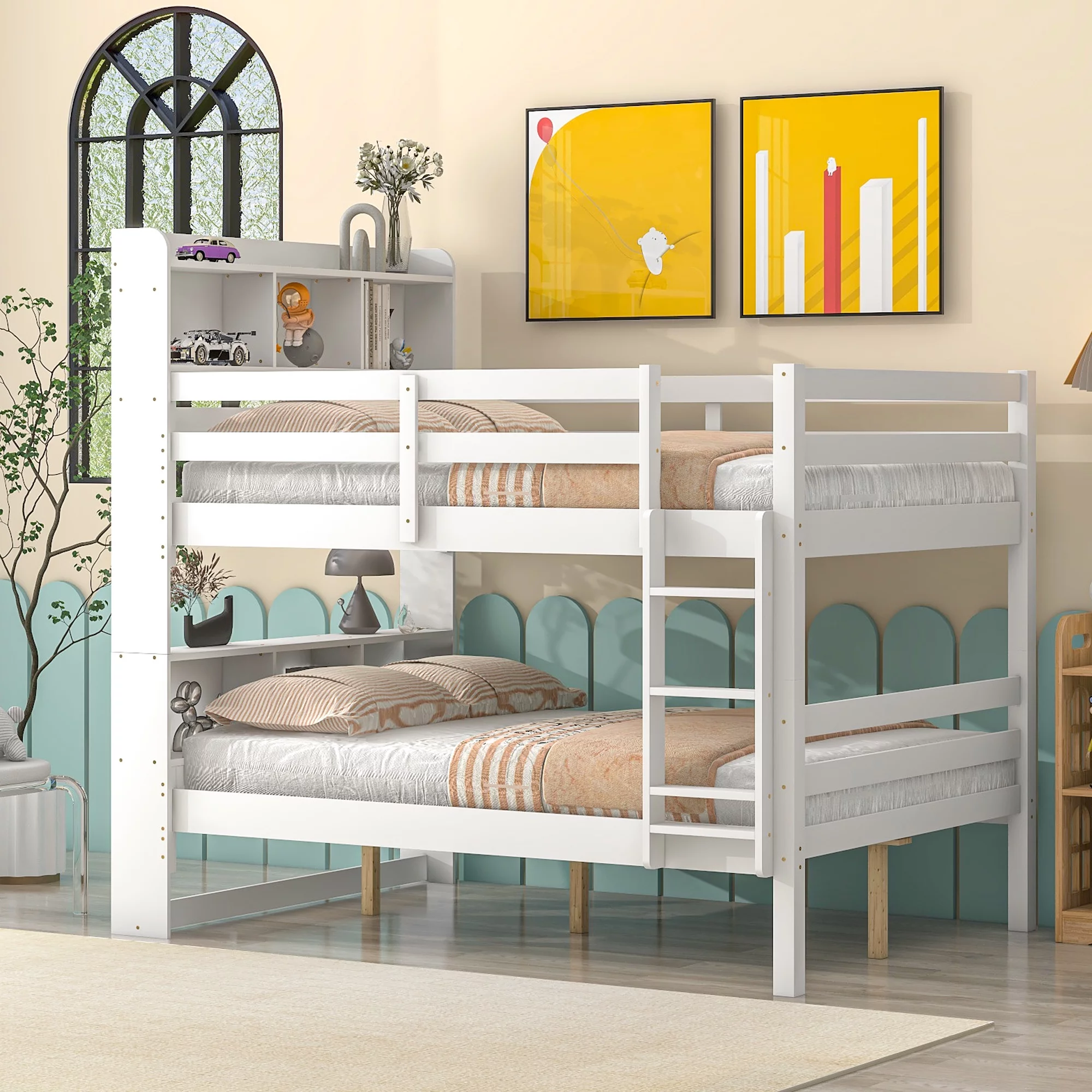 Sanmadrola Full Over Full Bunk Beds with Bookcase Headboard, Solid Wood Bed Frame with Safety Rail and Ladder, Kids/Teens Bedroom