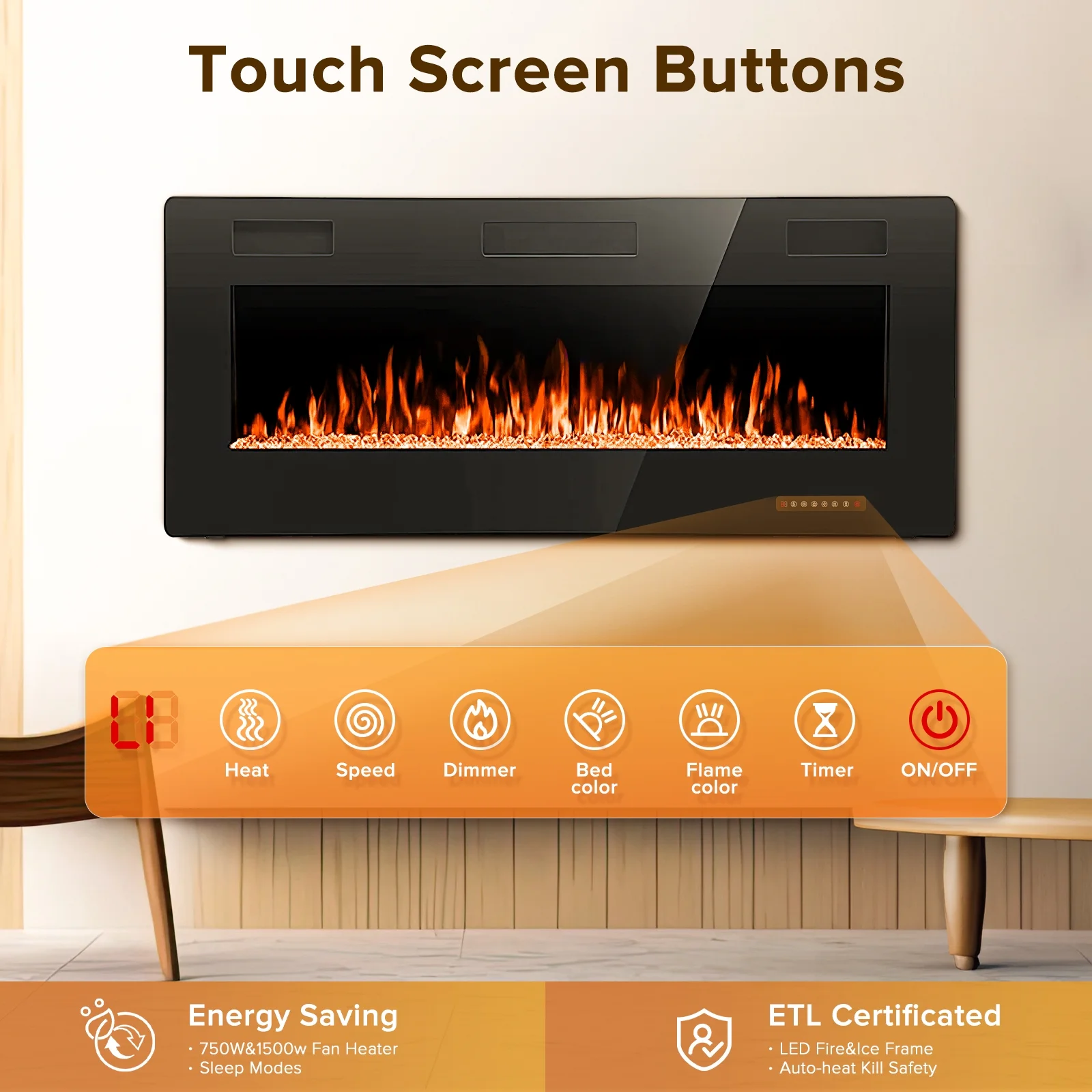 Auseo 42 inch Embedded Wall Mounted Indoor Electric Fireplace, Ultra-thin Low Noise Lightweight LED Fireplace Heater, Touch Screen, Timer, 1500W