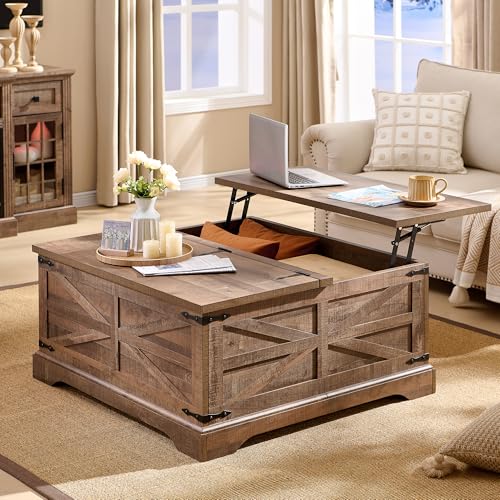 JXQTLINGMU Farmhouse Lift Top Coffee Table with Storage, 36" Wood Square Center Table with Large Hidden Compartment
