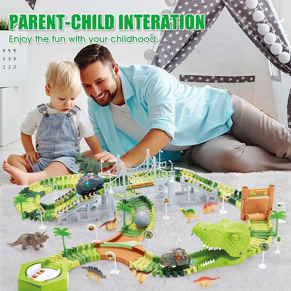 174 PCS Dinosaur Toys Race Track, Flexible Train Tracks with 8 Dinosaurs Figures