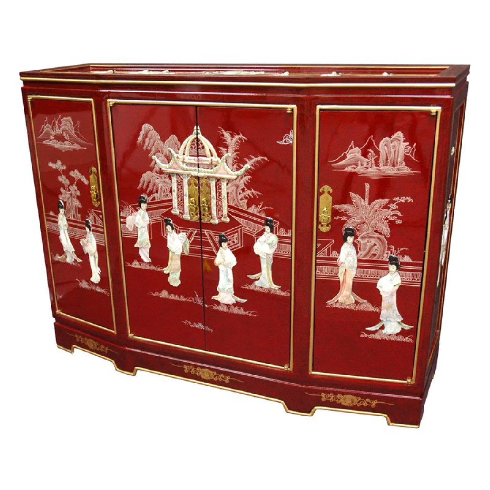 Oriental Furniture Slant Front Cabinet, Red color, 40.00"Wx 32.00"H