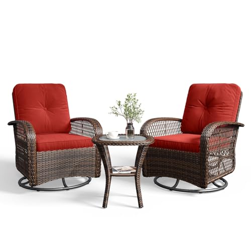 Aoxun 3 Pieces Patio Furniture Set, Patio Swivel Rocker Chairs Set of 2, Wicker Outdoor Bistro Set with Rocking Chair