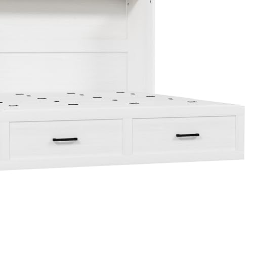 Queen Size Farmhouse Murphy Bed Cabinet with Charging Station, Foldable Platform Bed Frame with 2 Storage Drawers