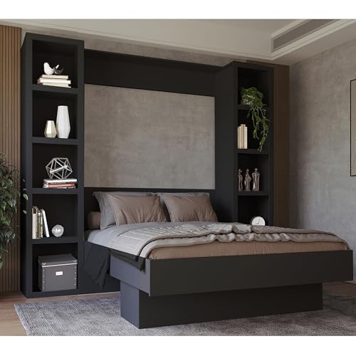 Oakland Living Easy-Lift Queen Murphy Wall Bed in Brown Wood Grain with Two Bookshelves