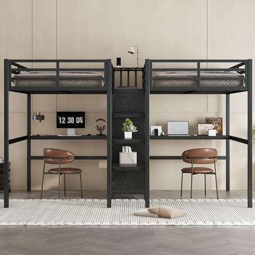 Bellamave Metal Loft Bed with Wardrobe and L-Shaped Desk, Full Size Loft Bed with Storage Cubes and Shelves, Heavy Duty LoftBed for Kids Teens Adults