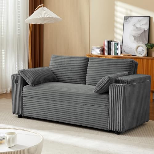 68.11" Corduroy Sleeper Chair Bed with USB Port, Cup Holders & Side Storage Pockets – 3-in-1 Foldable Sofa Bed for Guest Room, Living Room – White