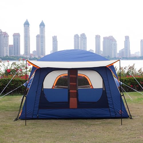 KTT Extra Large Tent 10-12-14 Person(B),Family Cabin Tents,2 Rooms,3 Doors and 3 Windows with Mesh,Straight Wall,Waterproof,Double Layer