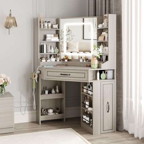 Makeup Vanity Desk, Corner Vanity Desk with HD LED Mirror, Lots Storage Shelves, 2 Drawers & Cabinets, Vanity with Charging Station