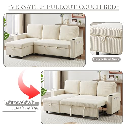 L-Shaped Pull Out Sleep Sofabed,Modern Reversible Sleeper Sectional Sofa Chenille Upholstered Button Tufted Decor with Storage Chaise