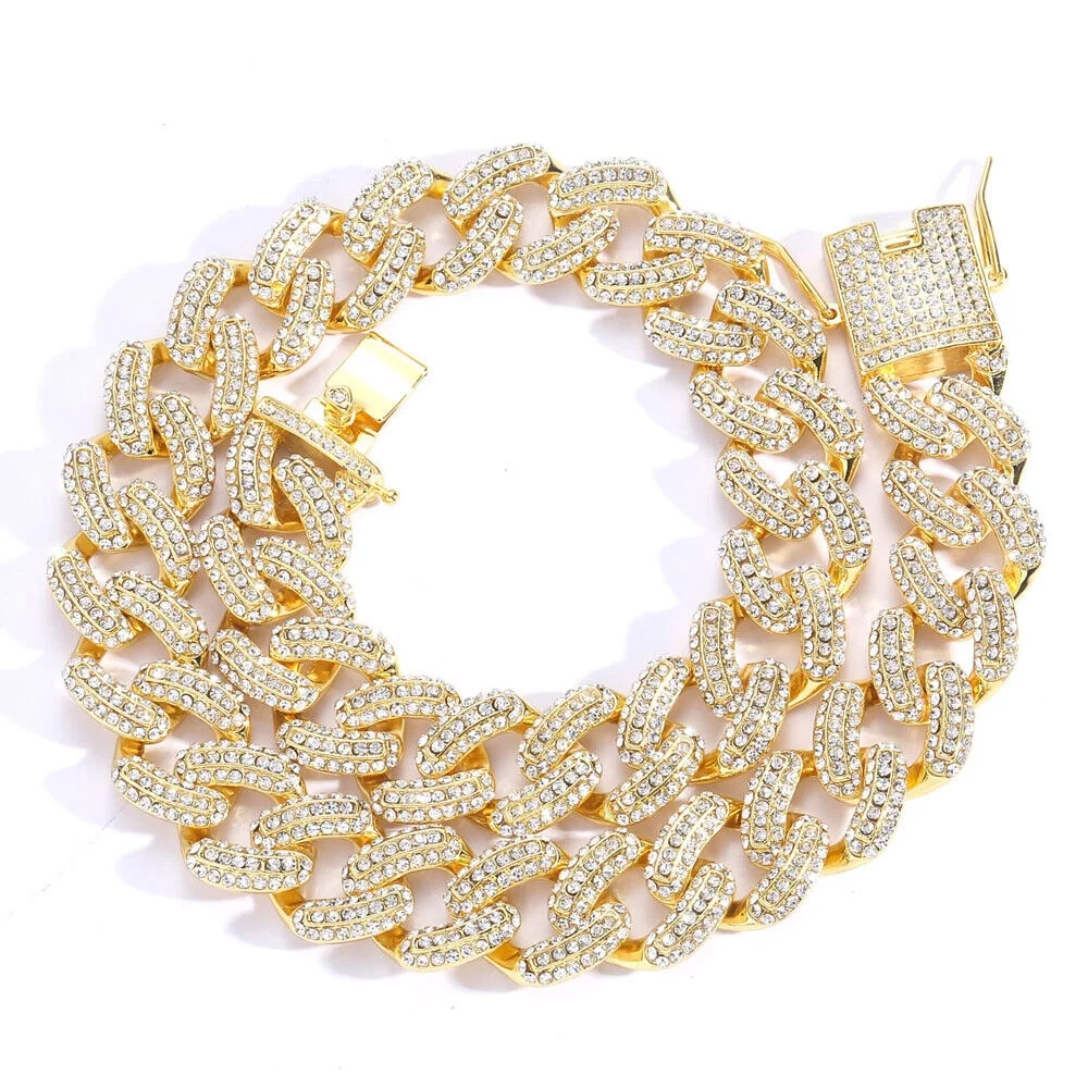 Men Hip Hop 19mm Necklaces Cuban Chains Bling CZ 18K Gold Silver Plated Jewelry