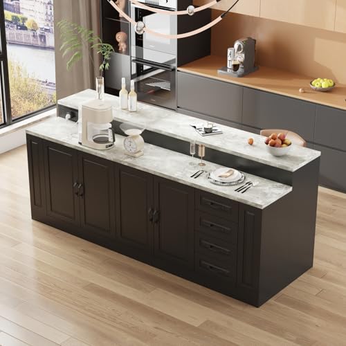 94.5" W Stationary Kitchen Island Storage Cabinet with Built-in Power Outlet, 2 Countertop, Adjustable Shelves & 3 Drawers for Dining Room