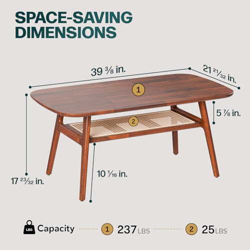 Bme Nancy Solid Acacia Wood Coffee Table for Living Room, Spacious Oval-Shaped 237 Lbs Top Capacity, Rattan Shelf Below, Mid Century