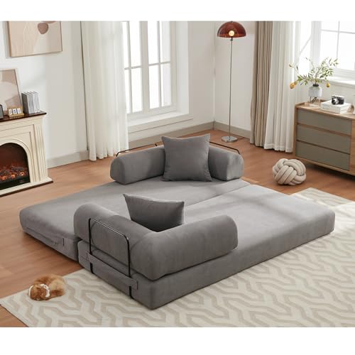 Convertible Sleeper Sofa Bed with Cylindrical Pillow, Corduroy Folding Mattress Couch with Fixed-Shape Frame