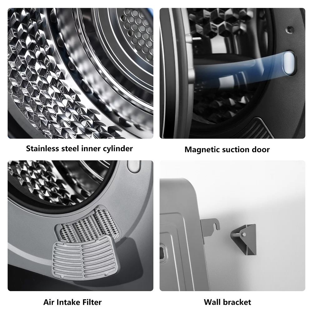 Portable Mini Cloth Dryer Machine FCC Certificate PTC Heating Tumble Dryer Electric Control Panel,Grey Body with Black Door,850W