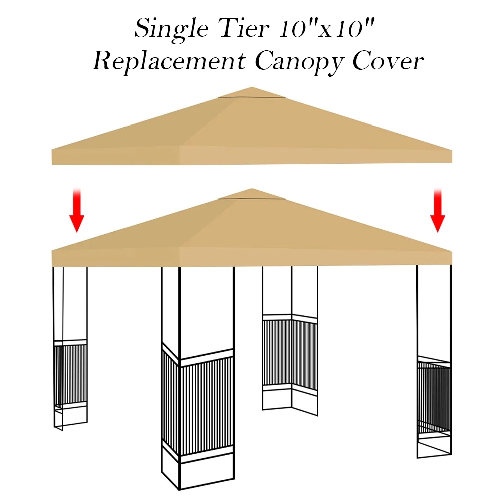 10x10ft Replacement Top Canopy Waterproof Cover Square Anti-UV Canopy Roof Pavilion Gazebo Tent Sunshade 10'x10' Khaki 1 Tier