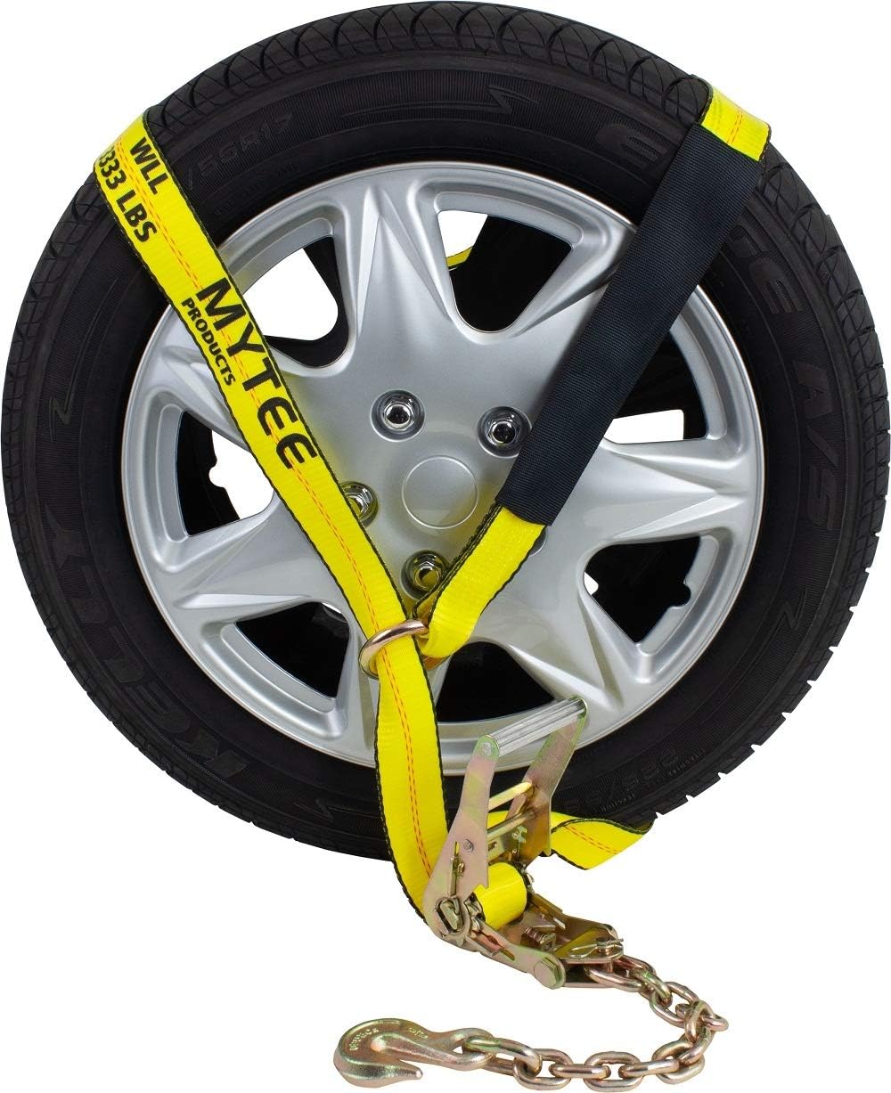 Mytee Products (8 Pack) 2 x 8' Car Tie Down Lasso Ratchet Strap with Chain Anchor - High Viz Green Tire Straps for Car Trailer