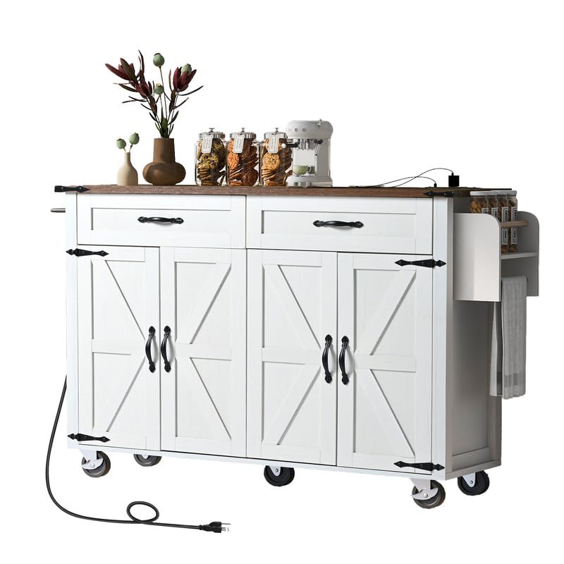 53.5''Farmhouse Kitchen Island with Power Outlet, Kitchen Storage Island with Drop Leaf, Spice Rack and Drawer, Rolling Kitchen Cart on Wheels