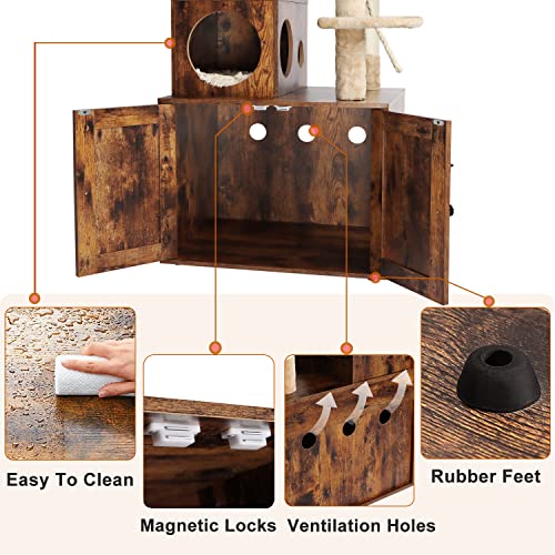 Cat Tree with Litter Box Enclosure, 2-in-1 Cat Tower for Indoor Cats, Large Wood Cat Condo with Basket, Scratching Posts, Pompoms, Rustic Brown