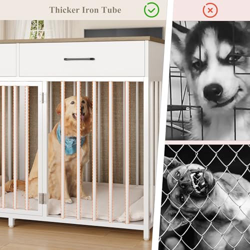 HOSTACK Double Dog Crates Furniture, 71" Wide Indoor Dog Kennel with 3 Drawers, Farmhouse Dog Cage for 2 Large/Medium Dogs