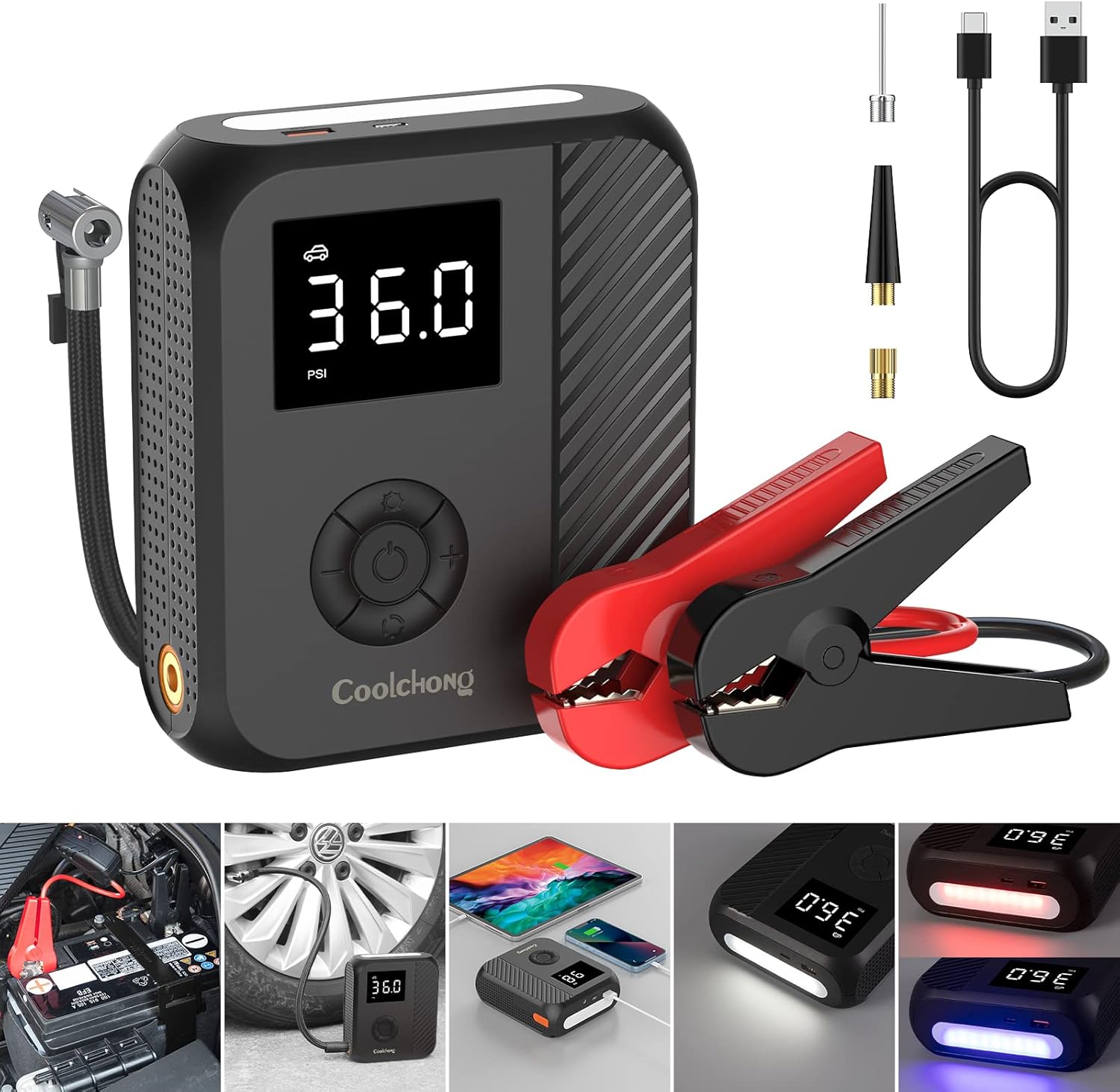 Portable Car Jump Starter, COOLCHONG Car Emergency Start Power with Power Bank and LED Light