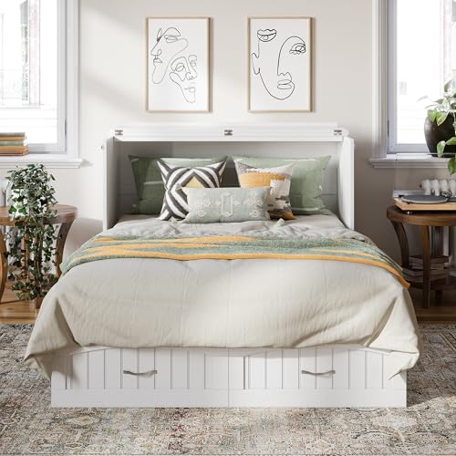 AFI Southampton Queen Murphy Bed Chest with Mattress, Storage, and Built-in Charger in Grey
