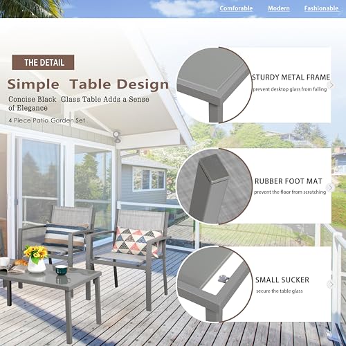 Vongrasig 4 Pieces Patio Furniture Sets,Outdoor Patio Conversation Sets with Glass Coffee Table, Small Porch Balcony Furniture