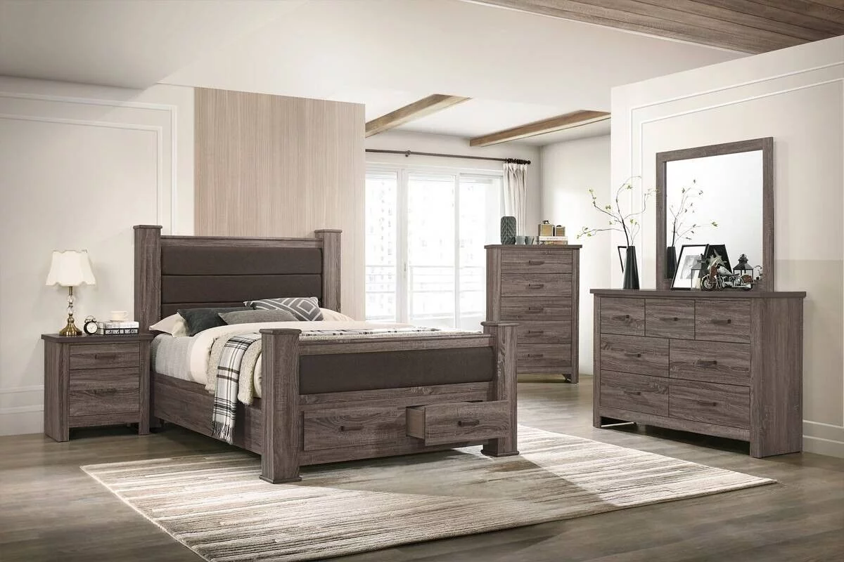 Transitional Elegant Wooden 4pc Bedroom Set Eastern King Size Bed w Drawers Dresser Mirror Nightstand Bedroom Furniture