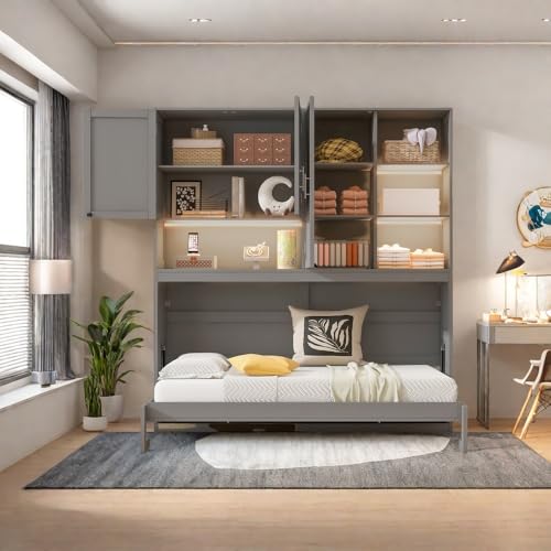 SOFTSEA Twin Size Murphy Bed Frame with Storage Cabinet and Shelves, Foldable Wall Bed with Light & USB for Guest Room, No Box Spring Needed, Gray
