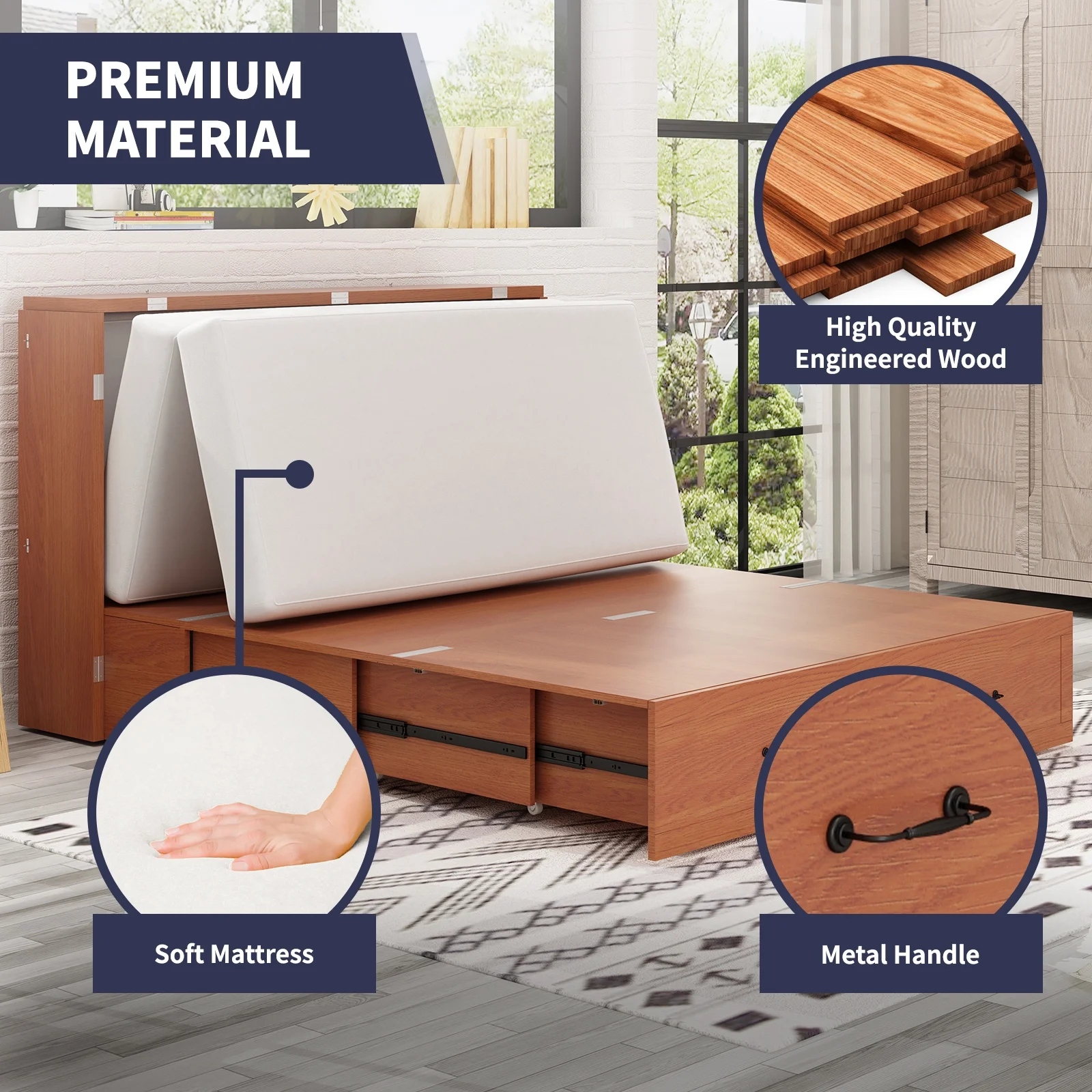 ijuicy Murphy Bed Cabinet with Built-in Charging Station and Storage Drawer, Solid Wood Cabinet Bed Queen Size with Mattress