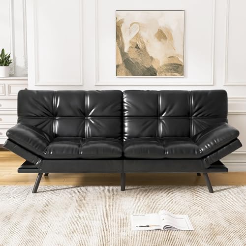 Faux Leather Futon Sofa Bed,Convertible Futon Couch,Memory Foam Loveseat Sleeper Sofa,Small Splitback Modern Folding Couch for Living Room,Office