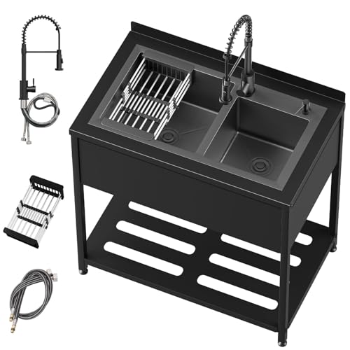 Stainless Steel Utility Sink, 30.8" × 22" × 39.5"Freestanding Sink with Cold and Hot Water Faucet,Hoses and Drain Kit for Kitchens, Bathrooms, Garage