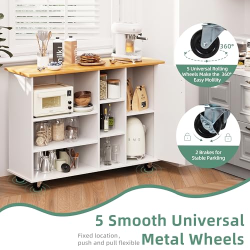 Shintenchi Rolling Kitchen Island Cart with Folding Drop Leaf Breakfast Bar, Portable Trolley Island with Large Storage Cabinet, Shelf and Drawer