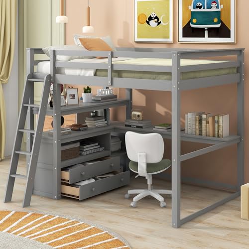 Full Size Loft Bed with Desk & Wardrobe, Solid Wood Kids Loft Bedframe w/3 Storage Drawers & 2 Shelves, Maximum Space Design, for Bedroom, Dorm, Gray