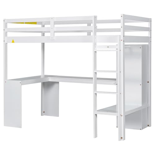 SOFTSEA Full Size Loft Bed with Desk & Wardrobe, Wood Loft Bunk Bed with Storage Shelves and Cabinets
