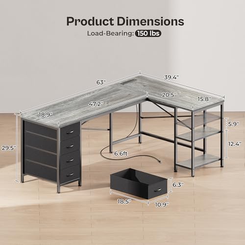 Huuger 63 Inch L Shaped Desk with Fabric Drawers, Reversible Computer Gaming Desk with Power Outlets and USB-C Port, Adjustable Side Storage Shelves