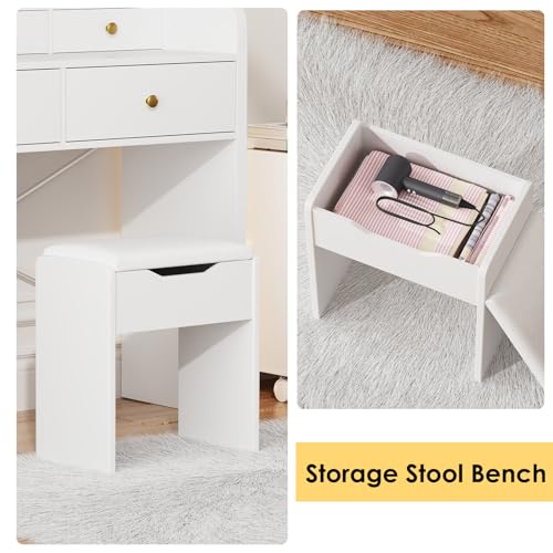 Vanity Desk with Mirror and Lights, Makeup Vanity Table with Drawers, Storage Stool