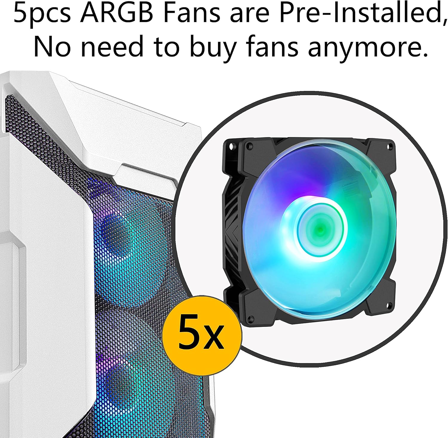 MUSETEX Mesh MATX (Micro-ATX) Mid Tower Case with 5 PCS × ARGB Fans Pre-Installed and 2 PCS × USB 3.0 Ports