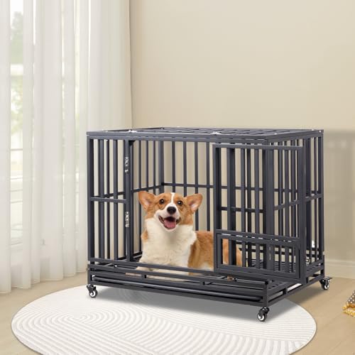 Outvita Heavy Duty Dog Crate,42" Large Metal Wire Dog Kennel, Chew Proof Dog Cage with Lockable Wheels, Plastic Try