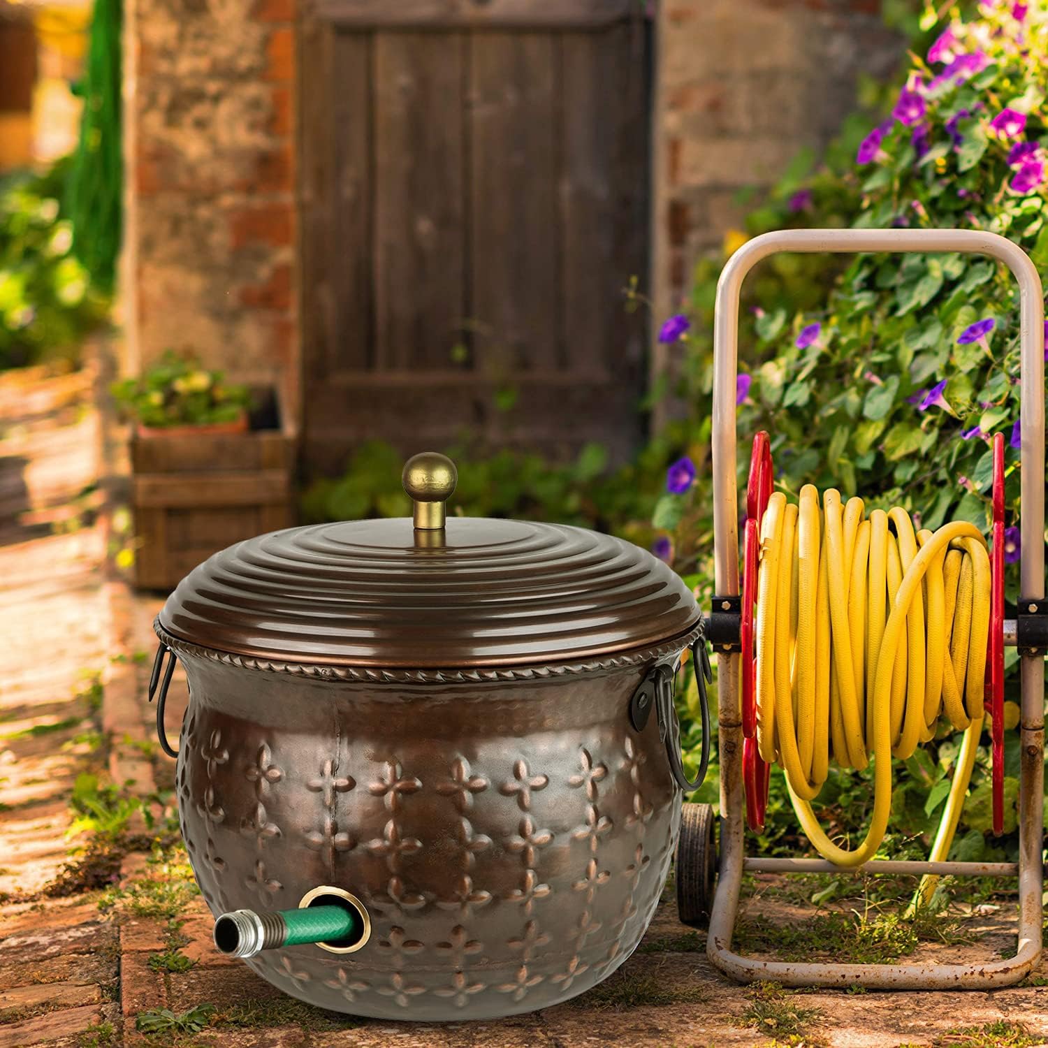LifeSmart Decorative Garden Hose Storage Holder Pot Copper with Lid Antique Green Finish Lattice Steel | Expandable Water Hose Container 17 x 11.5
